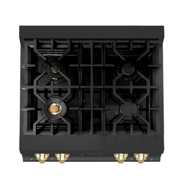 ZLINE Autograph Edition 30 in. Porcelain Rangetop with 4 Gas Burners in Black Stainless Steel and Polished Gold Accents (RTBZ-30-G) from above showing gas burners and cast-iron grates.