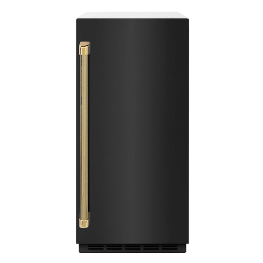 ZLINE Autograph Edition 15 in. Touchstone Clear Cube Ice Maker with Drain Pump and Black Stainless Steel Door with Polished Gold Helix Handle (ICCDZ-BS-15-KG)