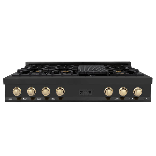 ZLINE Autograph Edition 48 in. Porcelain Rangetop with 7 Gas Burners in Black Stainless Steel and Polished Gold Accents (RTBZ-48-G) front, oven closed.