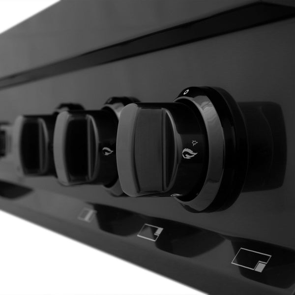 Black stainless steel cooktop knobs.