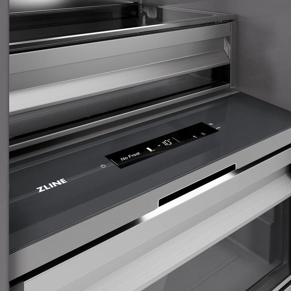 ZLINE 24 in. 12.4 cu. ft. Column Freezer in Black Stainless Steel with Graphite Gray Interior (RCFV-BS-24) close-up detail, interior touch control panel.