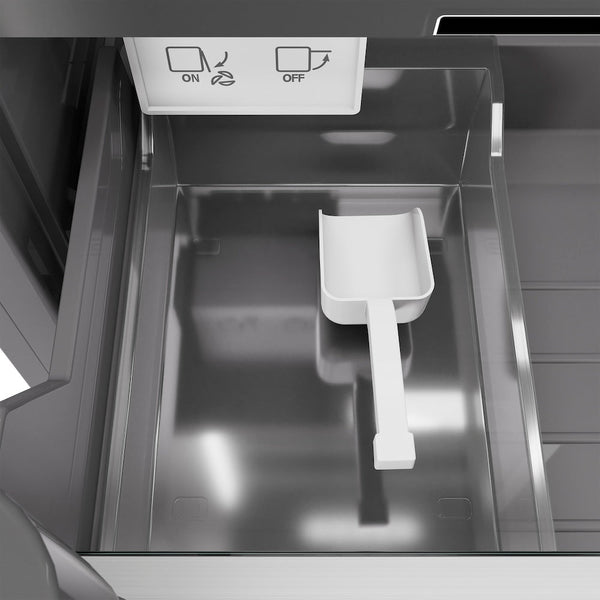 ZLINE 18 in. 8.6 cu. ft. Right Hinge Column Freezer in Black Stainless Steel with Graphite Gray Interior (RCFVR-BS-18) close-up detail, internal ice maker and scoop.