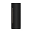 ZLINE Autograph Edition 30 in. 16.7 cu. ft. Column Refrigerator in Black Stainless Steel with Graphite Gray Interior and Polished Gold Accents (RCRVZ-BS-30-G) front, closed.