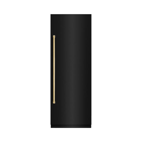 ZLINE Autograph Edition 30 in. 16.7 cu. ft. Column Refrigerator in Black Stainless Steel with Graphite Gray Interior and Polished Gold Accents (RCRVZ-BS-30-G) front, closed.