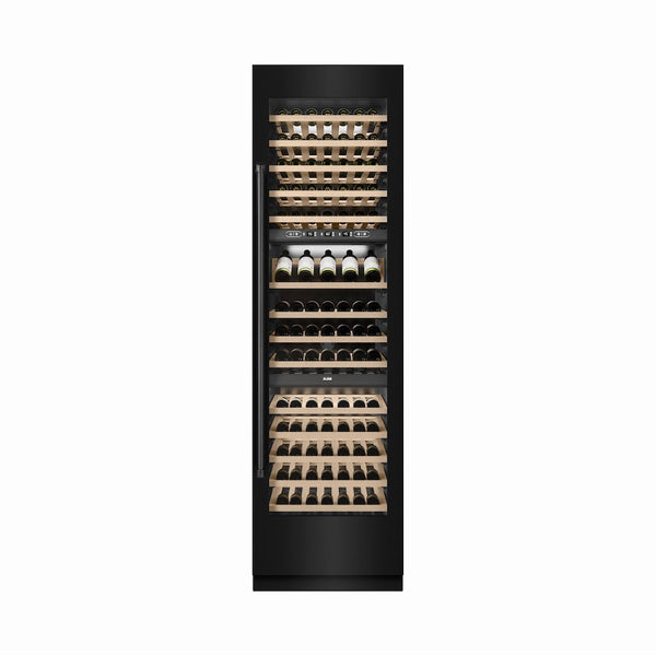 ZLINE 24 in. 12.4 cu. ft. Triple Zone 100 Bottle Column Wine Cooler in Black Stainless Steel (RCWV-BS-24) front, closed, with wine on racks.