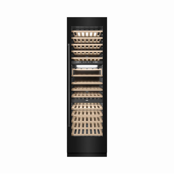 ZLINE 24 in. 12.4 cu. ft. Triple Zone 100 Bottle Column Wine Cooler in Black Stainless Steel (RCWV-BS-24) front, closed.