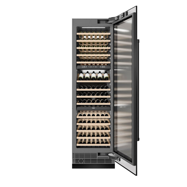 ZLINE 24 in. 12.4 cu. ft. Triple Zone 100 Bottle Column Wine Cooler in Black Stainless Steel (RCWV-BS-24) front, open, with wine on racks.
