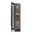 ZLINE 18 in. 9.0 cu. ft. Triple Zone 68 Bottle Left Hinge Column Wine Cooler in Black Stainless Steel (RCWVL-BS-18) front, open, with wine on racks.