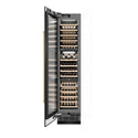 ZLINE Autograph Edition 18 in. 9.0 cu. ft. Triple Zone 68 Bottle Left Hinge Column Wine Cooler in Black Stainless Steel with Champagne Bronze Accents (RCWVLZ-BS-18-CB) front, open, with wine on racks.