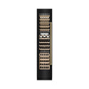 ZLINE Autograph Edition 18 in. 9.0 cu. ft. Triple Zone 68 Bottle Left Hinge Column Wine Cooler in Black Stainless Steel with Polished Gold Accents (RCWVLZ-BS-18-G) front, closed, with wine on racks.
