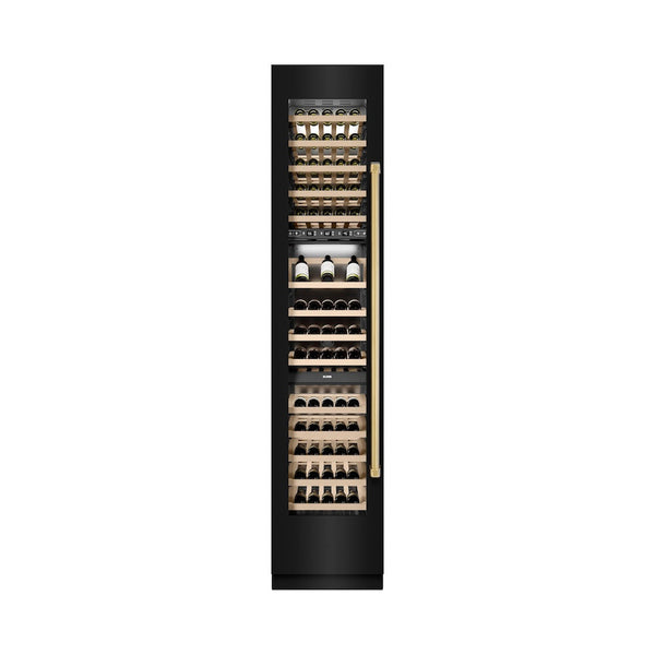 ZLINE Autograph Edition 18 in. 9.0 cu. ft. Triple Zone 68 Bottle Left Hinge Column Wine Cooler in Black Stainless Steel with Polished Gold Accents (RCWVLZ-BS-18-G) front, closed, with wine on racks.