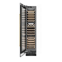 ZLINE Autograph Edition 18 in. 9.0 cu. ft. Triple Zone 68 Bottle Left Hinge Column Wine Cooler in Black Stainless Steel with Polished Gold Accents (RCWVLZ-BS-18-G) front, open, with wine on racks.
