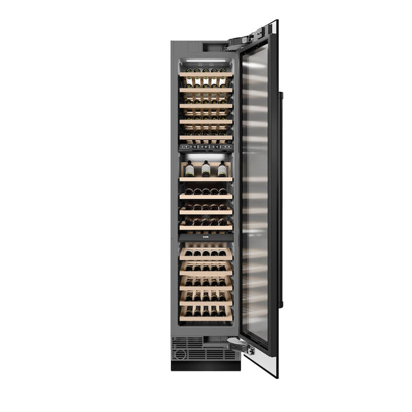 ZLINE 18 in. 9.0 cu. ft. Triple Zone 68 Bottle Right Hinge Column Wine Cooler in Black Stainless Steel (RCWVR-BS-18) front, open, with wine on racks.