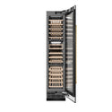 ZLINE Autograph Edition 18 in. 9.0 cu. ft. Triple Zone 68 Bottle Right Hinge Column Wine Cooler in Black Stainless Steel with Polished Gold Accents (RCWVRZ-BS-18-G) front, open.