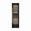 ZLINE Autograph Edition 24 in. 12.4 cu. ft. Triple Zone 100 Bottle Column Wine Cooler in Black Stainless Steel and Polished Gold Accents (RCWVZ-BS-24-G) front, closed, with wine on racks.