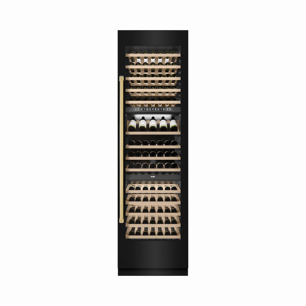 ZLINE Autograph Edition 24 in. 12.4 cu. ft. Triple Zone 100 Bottle Column Wine Cooler in Black Stainless Steel and Polished Gold Accents (RCWVZ-BS-24-G) front, closed, with wine on racks.