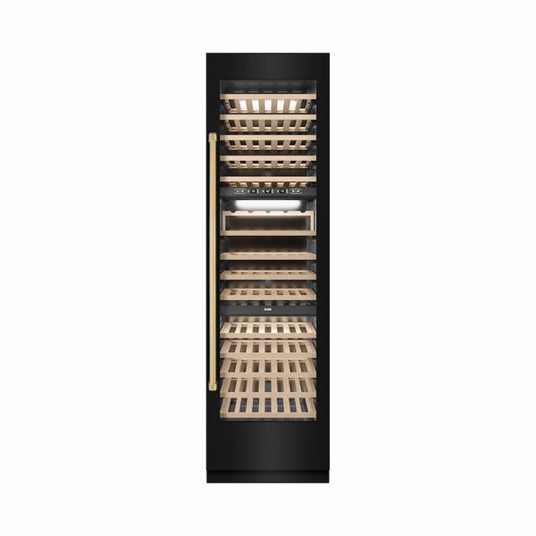 ZLINE Autograph Edition 24 in. 12.4 cu. ft. Triple Zone 100 Bottle Column Wine Cooler in Black Stainless Steel and Polished Gold Accents (RCWVZ-BS-24-G) front, closed.