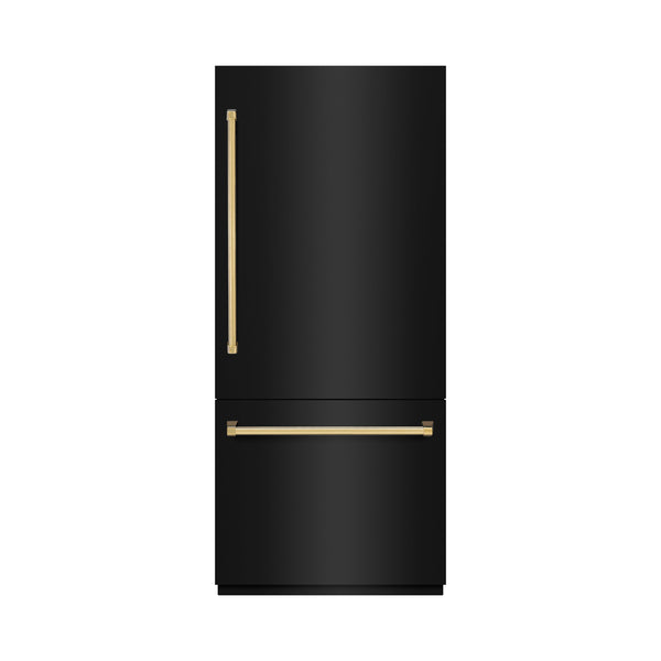 ZLINE Autograph Edition 36 in. 19.8 cu. ft. Built-In Bottom Freezer Refrigerator with Water Dispenser and Ice Maker in Black Stainless Steel with Graphite Gray Interior and Polished Gold Accents (GRBITZ-BS-36-G)