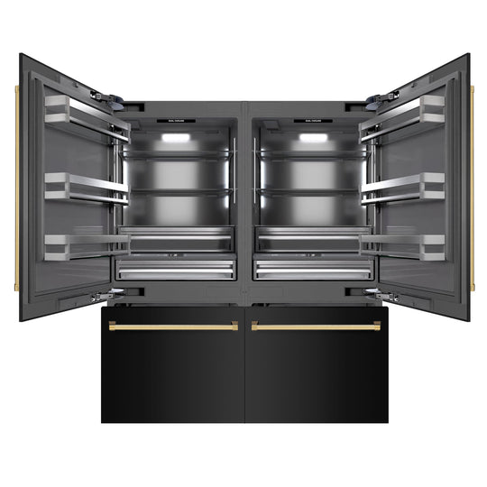 ZLINE Autograph Edition 72 in. 39.6 cu. ft. French Door Built-In Bottom Freezer Refrigerator with Water Dispensers and Ice Makers in Black Stainless Steel with Graphite Gray Interior and Polished Gold Accents (GRBITZ-BS-72-G)