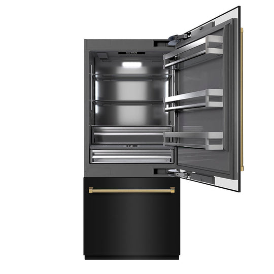 ZLINE Autograph Edition 36 in. 19.8 cu. ft. Built-In Bottom Freezer Refrigerator with Water Dispenser and Ice Maker in Black Stainless Steel with Graphite Gray Interior and Polished Gold Helix Handles (GRBITZ-BS36-KG)