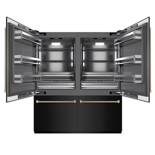 ZLINE Autograph Edition 72 in. 39.6 cu. ft. French Door Built-In Bottom Freezer Refrigerator with Water Dispensers and Ice Makers in Black Stainless Steel with Graphite Gray Interior and Champagne Bronze Helix Handles (GRBITZ-BS72-KCB)
