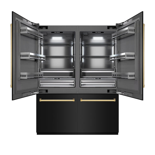 ZLINE Autograph Edition 60 in. 32.2 cu. ft. French Door Built-In Bottom Freezer Refrigerator with Water Dispenser and Ice Maker in Black Stainless Steel with Graphite Gray Interior and Polished Gold Accents (GRBIVZ-BS-60-G)