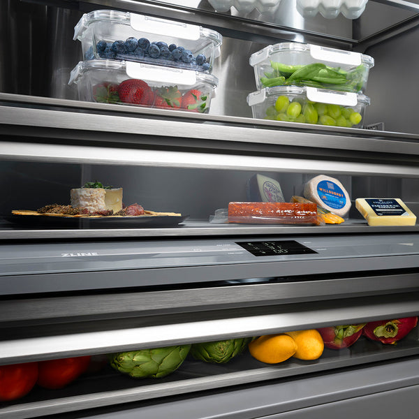 ZLINE Autograph Edition 60 in. 32.2 cu. ft. French Door Built-In Bottom Freezer Refrigerator with Water Dispenser and Ice Maker in Black Stainless Steel with Graphite Gray Interior and Polished Gold Helix Handles (GRBIVZ-BS60KG)