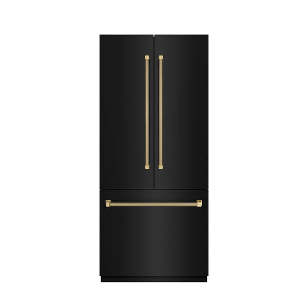 ZLINE Autograph Edition 36 in. 19.6 cu. ft. French Door Built-In Bottom Freezer Refrigerator with Water Dispenser and Ice Maker in Black Stainless Steel with Graphite Gray Interior and Champagne Bronze Helix Handles (GRBIVZ-BS36KCB)