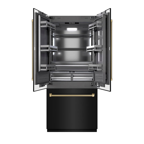 ZLINE Autograph Edition 36 in. 19.6 cu. ft. French Door Built-In Bottom Freezer Refrigerator with Water Dispenser and Ice Maker in Black Stainless Steel with Graphite Gray Interior and Champagne Bronze Helix Handles (GRBIVZ-BS36KCB)