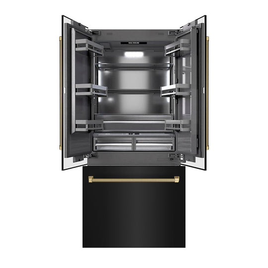 ZLINE Autograph Edition 36 in. 19.6 cu. ft. French Door Built-In Bottom Freezer Refrigerator with Water Dispenser and Ice Maker in Black Stainless Steel with Graphite Gray Interior and Champagne Bronze Helix Handles (GRBIVZ-BS36KCB)