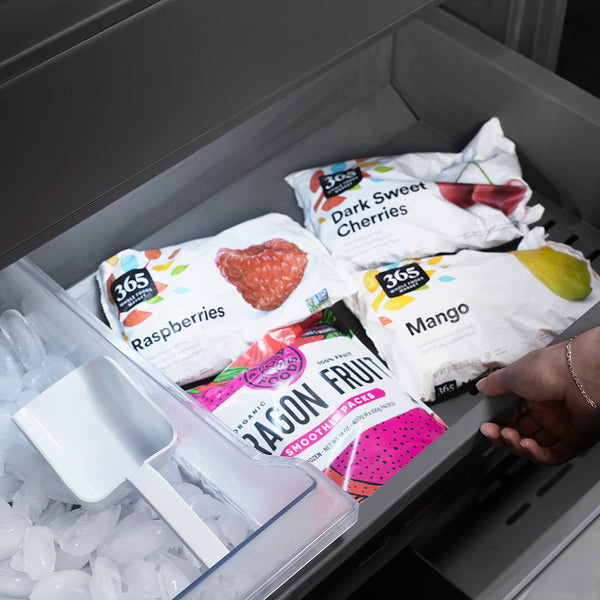 ZLINE Autograph Edition 36 in. 19.6 cu. ft. French Door Built-In Bottom Freezer Refrigerator with Water Dispenser and Ice Maker in Black Stainless Steel with Graphite Gray Interior and Polished Gold Helix Handles (GRBIVZ-BS36KG)