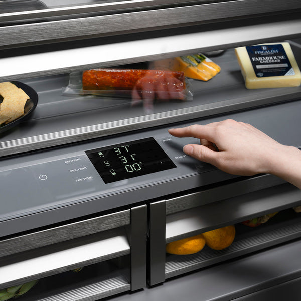 ZLINE Autograph Edition 36 in. 19.6 cu. ft. French Door Built-In Bottom Freezer Refrigerator with Water Dispenser and Ice Maker in Black Stainless Steel with Graphite Gray Interior and Polished Gold Helix Handles (GRBIVZ-BS36KG)