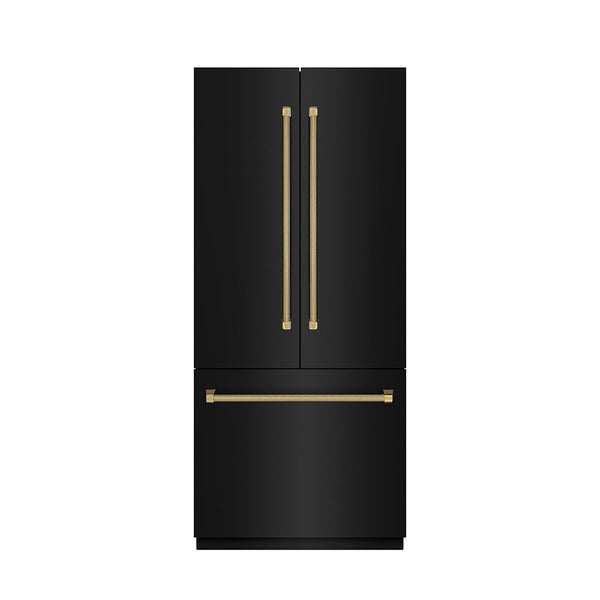 ZLINE Autograph Edition 36 in. 19.6 cu. ft. French Door Built-In Bottom Freezer Refrigerator with Water Dispenser and Ice Maker in Black Stainless Steel with Graphite Gray Interior and Polished Gold Helix Handles (GRBIVZ-BS36KG)
