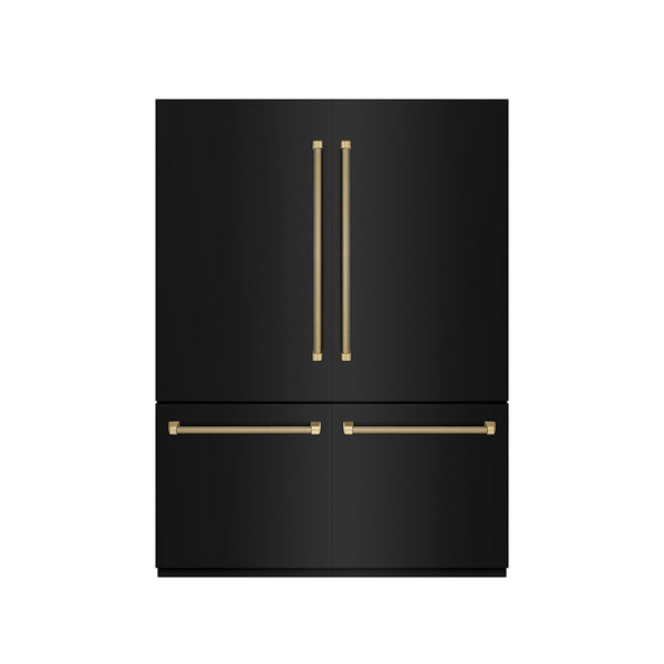 ZLINE Autograph Edition 60 in. 32.2 cu. ft. French Door Built-In Bottom Freezer Refrigerator with Water Dispenser and Ice Maker in Black Stainless Steel with Graphite Gray Interior and Champagne Bronze Helix Handles (GRBIVZ-BS60KCB)