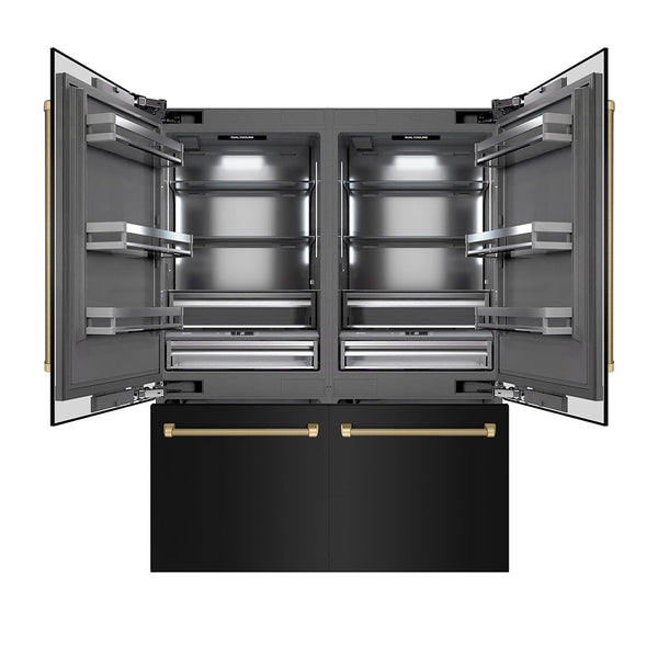 ZLINE Autograph Edition 60 in. 32.2 cu. ft. French Door Built-In Bottom Freezer Refrigerator with Water Dispenser and Ice Maker in Black Stainless Steel with Graphite Gray Interior and Champagne Bronze Helix Handles (GRBIVZ-BS60KCB)