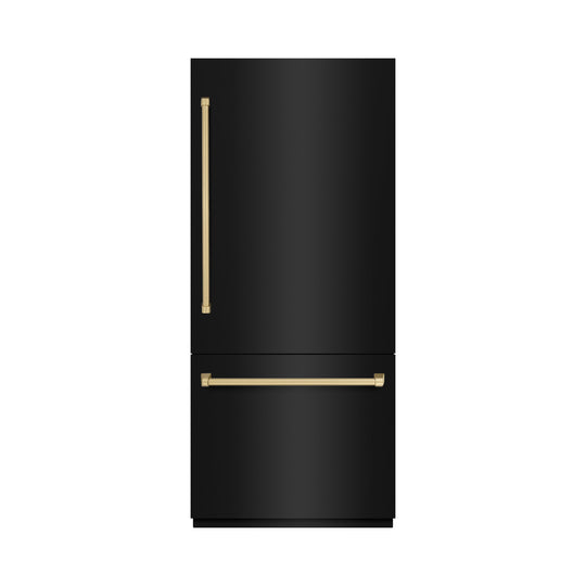 ZLINE Autograph Edition 36 in. 19.8 cu. ft. Built-In Bottom Freezer Refrigerator with Water Dispenser and Ice Maker in Black Stainless Steel and Champagne Bronze Accents (RBITZ-BS-36-CB)