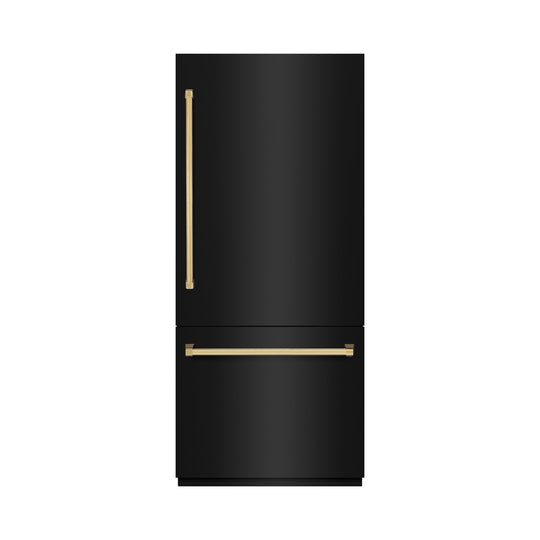 ZLINE Autograph Edition 36 in. 19.8 cu. ft. Built-In Bottom Freezer Refrigerator with Water Dispenser and Ice Maker in Black Stainless Steel and Polished Gold Accents (RBITZ-BS-36-G)