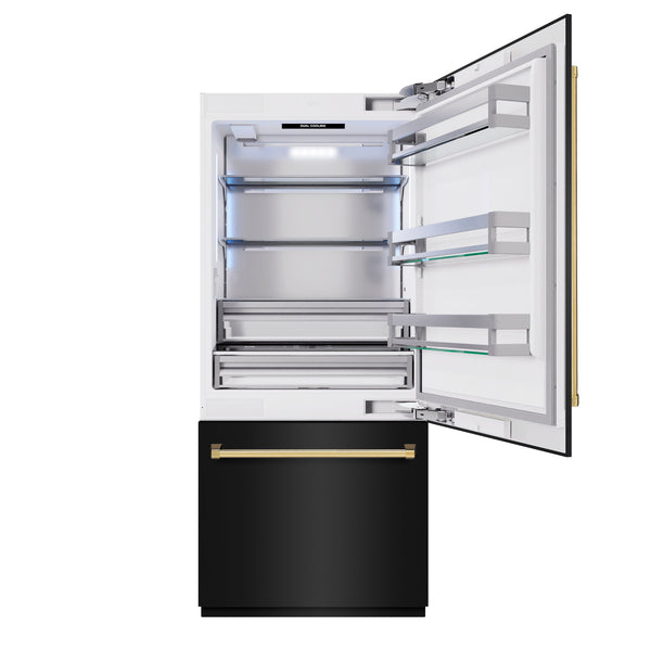 ZLINE Autograph Edition 36 in. 19.8 cu. ft. Built-In Bottom Freezer Refrigerator with Water Dispenser and Ice Maker in Black Stainless Steel and Polished Gold Accents (RBITZ-BS-36-G)