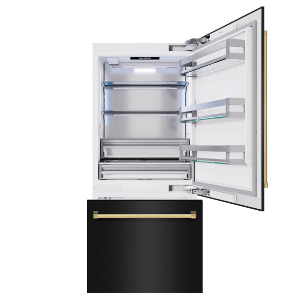 ZLINE Autograph Edition 36 in. 19.8 cu. ft. Built-In Bottom Freezer Refrigerator with Water Dispenser and Ice Maker in Black Stainless Steel and Polished Gold Accents (RBITZ-BS-36-G)