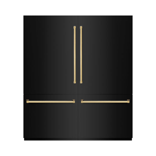 ZLINE Autograph Edition 72 in. 39.6 cu. ft. French Door Built-In Bottom Freezer Refrigerator with Water Dispensers and Ice Makers in Black Stainless Steel and Polished Gold Accents (RBITZ-BS-72-G)