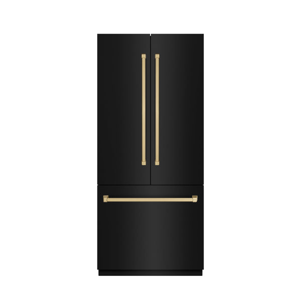 ZLINE Autograph Edition 36 in. 19.6 cu. ft. French Door Built-In Bottom Freezer Refrigerator with Water Dispenser and Ice Maker in Black Stainless Steel with Stainless Steel Interior and Champagne Bronze Accents (SRBIVZ-BS-36-CB)