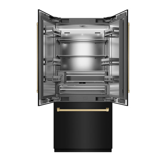 ZLINE Autograph Edition 36 in. 19.6 cu. ft. French Door Built-In Bottom Freezer Refrigerator with Water Dispenser and Ice Maker in Black Stainless Steel with Stainless Steel Interior and Champagne Bronze Accents (SRBIVZ-BS-36-CB)