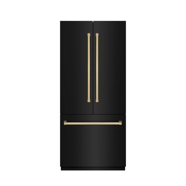 ZLINE Autograph Edition 36 in. 19.6 cu. ft. French Door Built-In Bottom Freezer Refrigerator with Water Dispenser and Ice Maker in Black Stainless Steel with Stainless Steel Interior and Polished Gold Accents (SRBIVZ-BS-36-G)