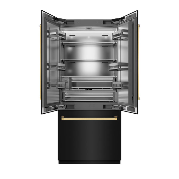 ZLINE Autograph Edition 36 in. 19.6 cu. ft. French Door Built-In Bottom Freezer Refrigerator with Water Dispenser and Ice Maker in Black Stainless Steel with Stainless Steel Interior and Polished Gold Accents (SRBIVZ-BS-36-G)