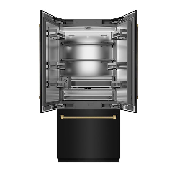 ZLINE Autograph Edition 36 in. 19.6 cu. ft. French Door Built-In Bottom Freezer Refrigerator with Water Dispenser and Ice Maker in Black Stainless Steel with Stainless Steel Interior and Champagne Bronze Helix Handles (SRBIVZ-BS36KCB)
