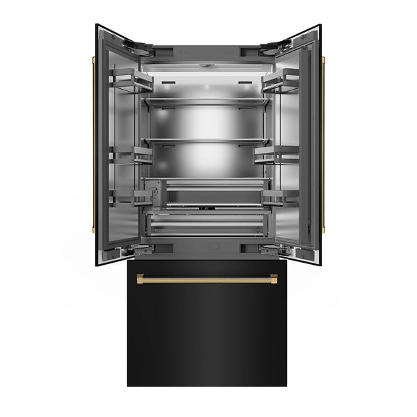 ZLINE Autograph Edition 36 in. 19.6 cu. ft. French Door Built-In Bottom Freezer Refrigerator with Water Dispenser and Ice Maker in Black Stainless Steel with Stainless Steel Interior and Polished Gold Helix Handles (SRBIVZ-BS36KG)