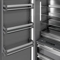 ZLINE Autograph Edition 30 in. 16.7 cu. ft. Column Refrigerator in Satin Stainless Steel with Graphite Gray Interior and Champagne Bronze Accents (RCRVZ-SN-30-CB) close-up detail, door open.