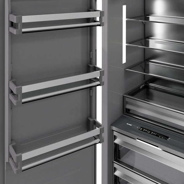 ZLINE Autograph Edition 30 in. 16.7 cu. ft. Column Refrigerator in Satin Stainless Steel with Graphite Gray Interior and Champagne Bronze Accents (RCRVZ-SN-30-CB) close-up detail, door open.