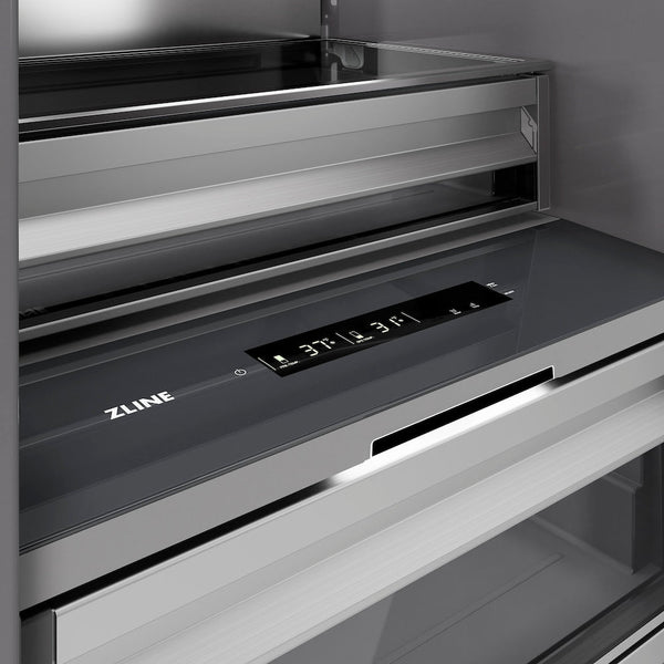 ZLINE Autograph Edition 30 in. 16.7 cu. ft. Column Refrigerator in Satin Stainless Steel with Graphite Gray Interior and Champagne Bronze Accents (RCRVZ-SN-30-CB) closes-up detail, touch control panel and temperature display.