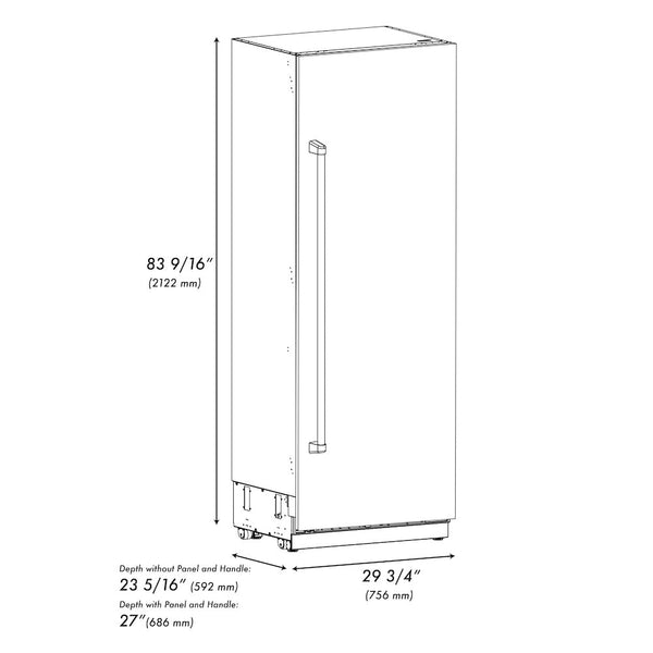 ZLINE Autograph Edition 30 in. 16.7 cu. ft. Column Refrigerator in Satin Stainless Steel with Graphite Gray Interior and Champagne Bronze Accents (RCRVZ-SN-30-CB) dimensional diagram.